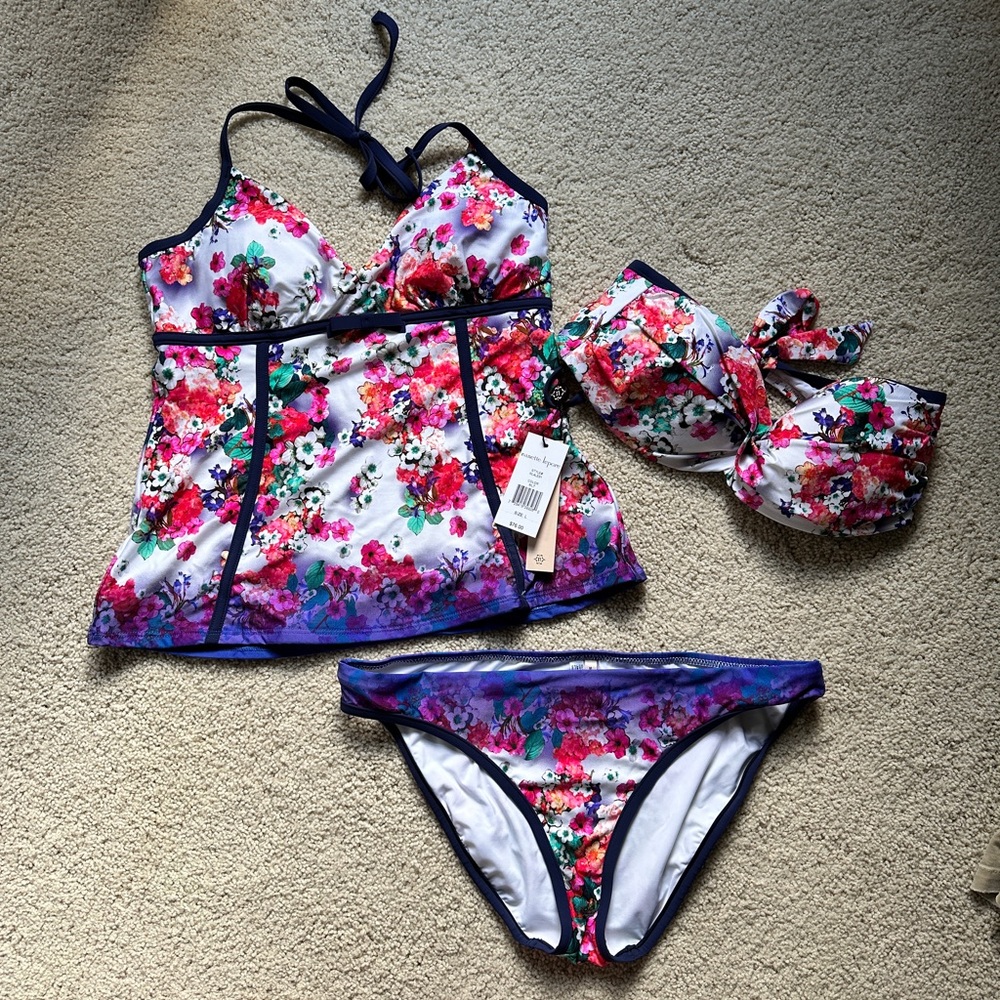Nanette Lepore Floral Tankini Top & Bikini Set in White, Pink, Purple